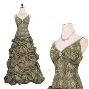 Vintage Alyce Prom Dress Maxi Ball Gown Green Lace Y2K Bubble Empire Glam